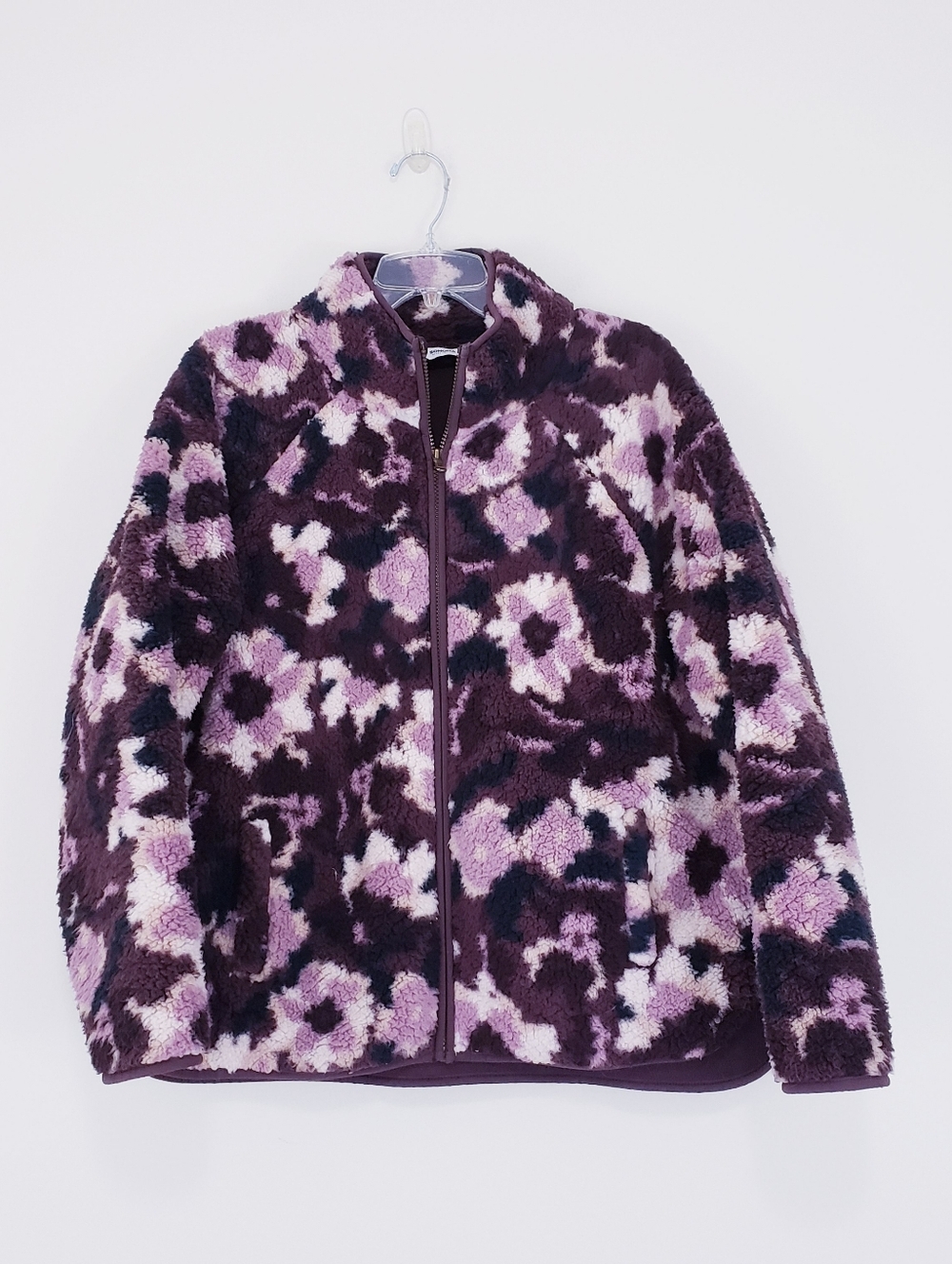 Sonoma Full Zip Sherpa Fleece Jacket Floral Dark Purple Large Fuzzy Fall Grandma